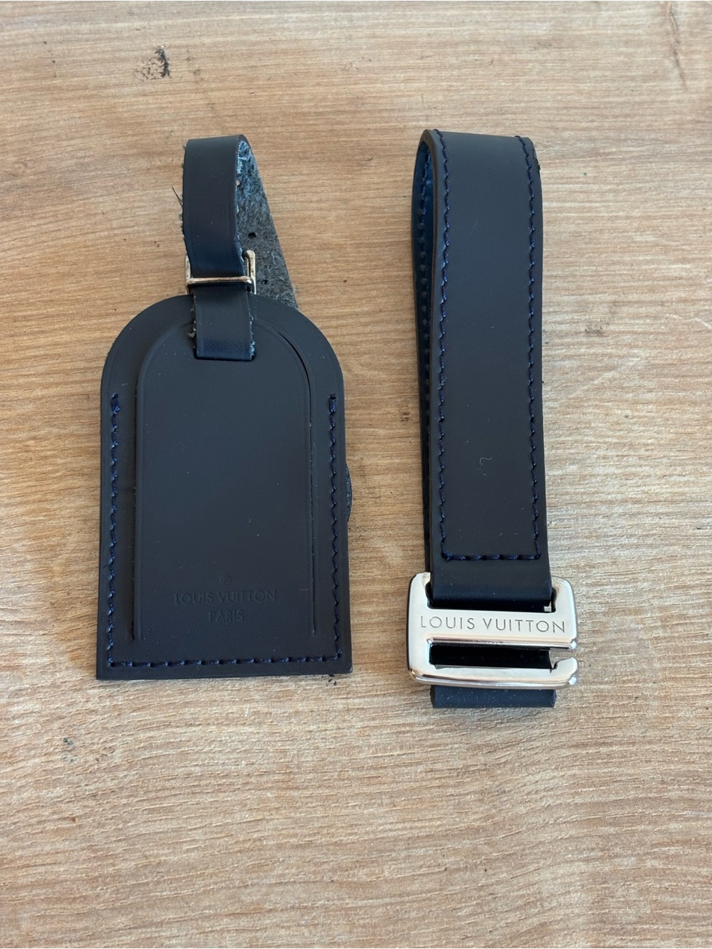 Louis Vuitton Black Leather Luggage Tag and Strap with Silver Hardware